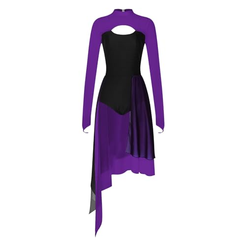 CochOn Tanzkostüme Damen Modernes Lyrisches Tanzkleid mit unregelmäßigen, langen Ärmeln, durchsichtigem Netzstoff, Tutu, Ballett, Gymnastik, Trikotkleid, Eislaufkleidung, Tanzbekleidung(Purple,XL) von CochOn