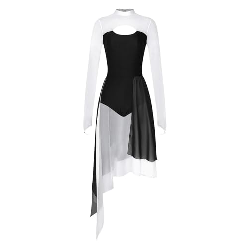 CochOn Tanzkostüme Damen Modernes Lyrisches Tanzkleid mit unregelmäßigen, langen Ärmeln, durchsichtigem Netzstoff, Tutu, Ballett, Gymnastik, Trikotkleid, Eislaufkleidung, Tanzbekleidung(White,XXL) von CochOn