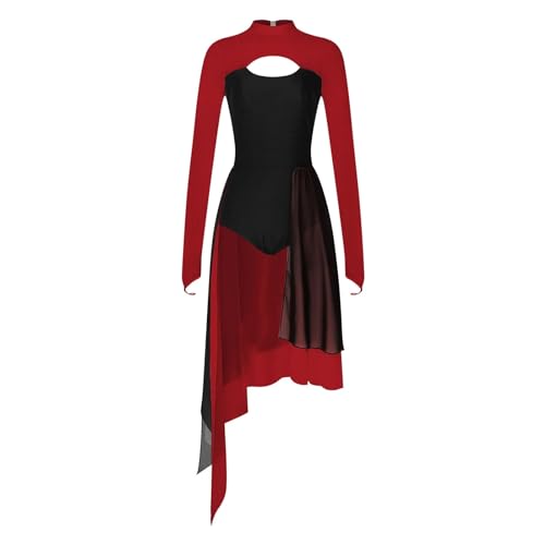 CochOn Tanzkostüme Damen Modernes Lyrisches Tanzkleid mit unregelmäßigen, langen Ärmeln, durchsichtigem Netzstoff, Tutu, Ballett, Gymnastik, Trikotkleid, Eislaufkleidung, Tanzbekleidung(Burgundy,S) von CochOn