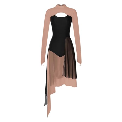 CochOn Tanzkostüme Damen Modernes Lyrisches Tanzkleid mit unregelmäßigen, langen Ärmeln, durchsichtigem Netzstoff, Tutu, Ballett, Gymnastik, Trikotkleid, Eislaufkleidung, Tanzbekleidung(Dusty Pink,S) von CochOn