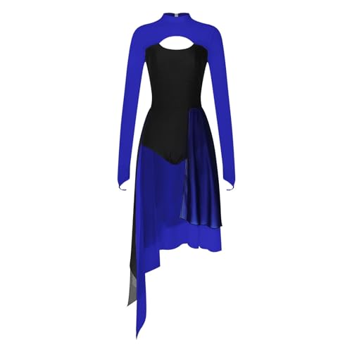 CochOn Tanzkostüme Damen Modernes Lyrisches Tanzkleid mit unregelmäßigen, langen Ärmeln, durchsichtigem Netzstoff, Tutu, Ballett, Gymnastik, Trikotkleid, Eislaufkleidung, Tanzbekleidung(Royal Blue,S) von CochOn