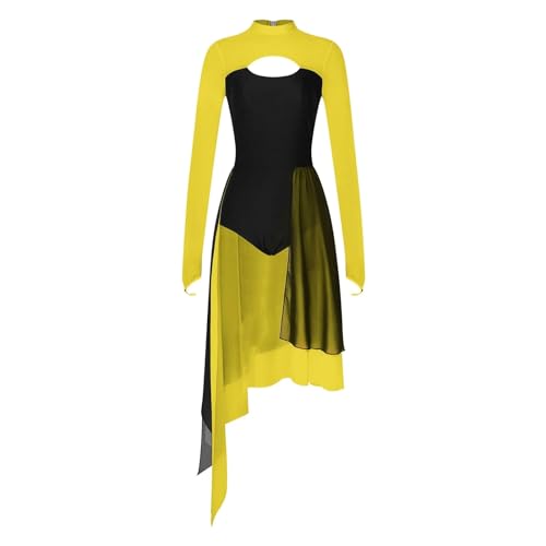 CochOn Tanzkostüme Damen Modernes Lyrisches Tanzkleid mit unregelmäßigen, langen Ärmeln, durchsichtigem Netzstoff, Tutu, Ballett, Gymnastik, Trikotkleid, Eislaufkleidung, Tanzbekleidung(Yellow,L) von CochOn