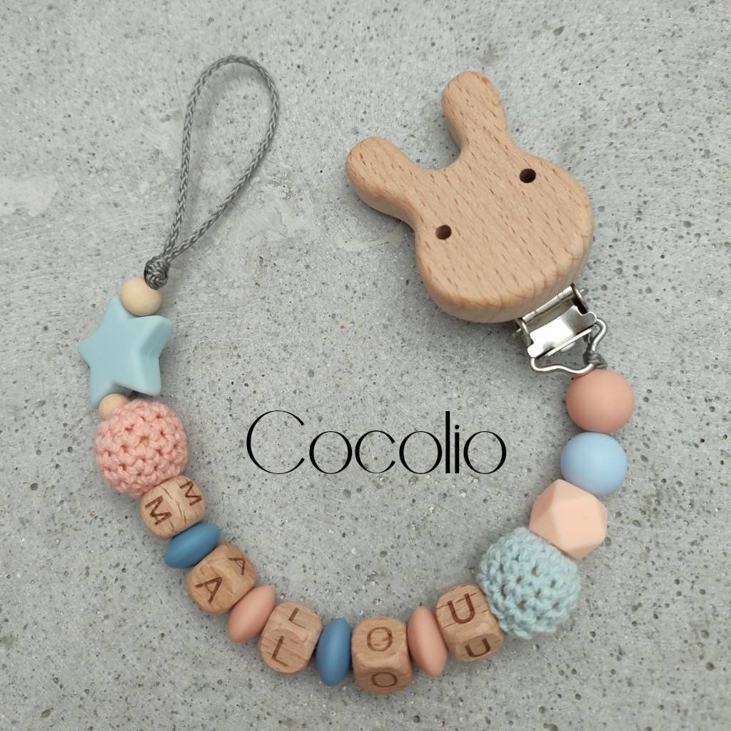 Schnullerkette Blau Apricot Personalisiert von CocolioHandmade