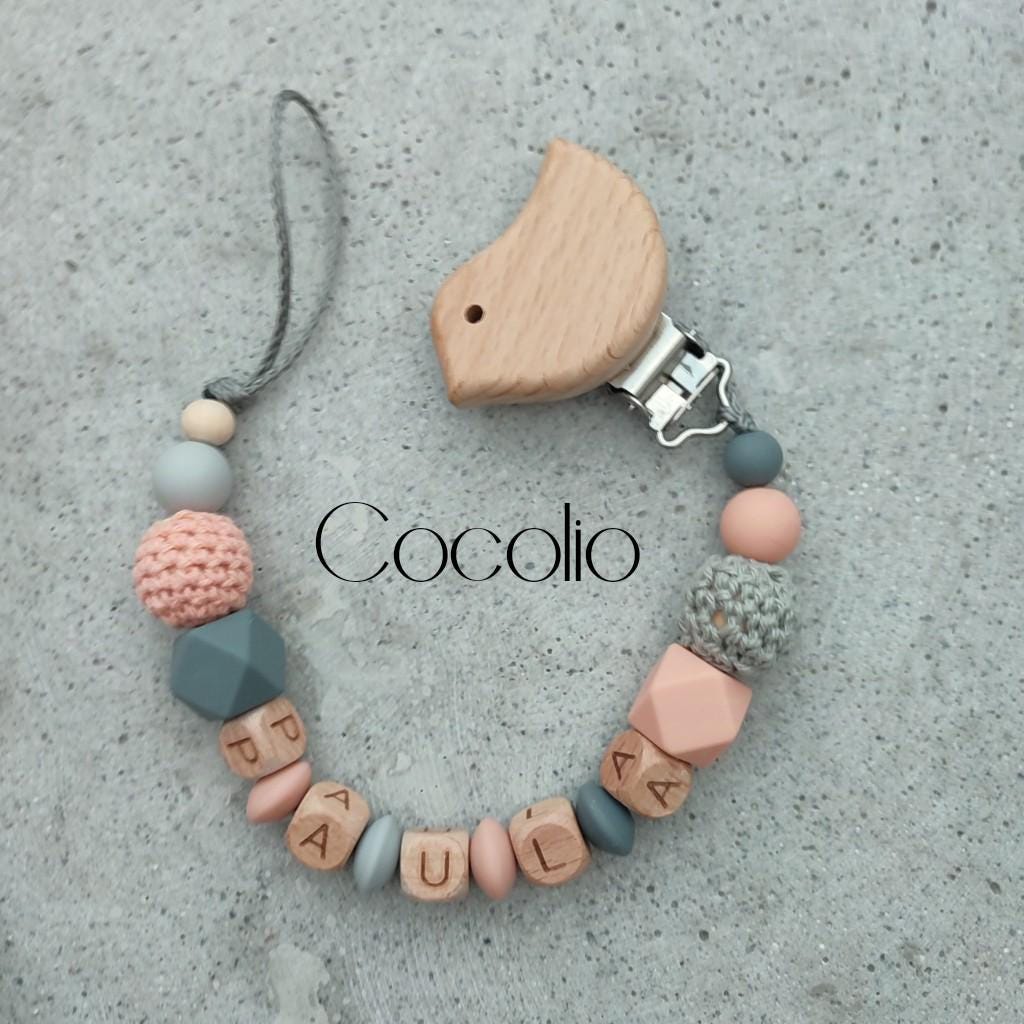 Schnullerkette Grau Apricotrosa Personalisiert von CocolioHandmade