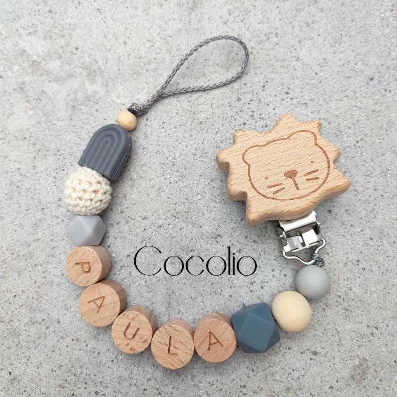 Schnullerkette Grau Beige Personalisiert von CocolioHandmade