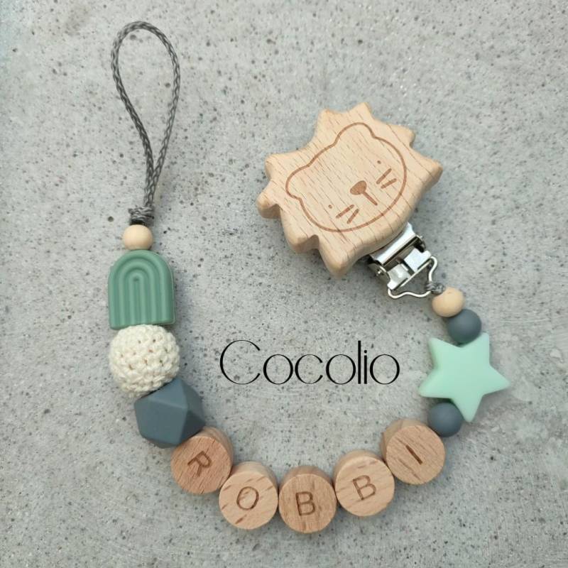 Schnullerkette Grau Türkis Personalisiert von CocolioHandmade