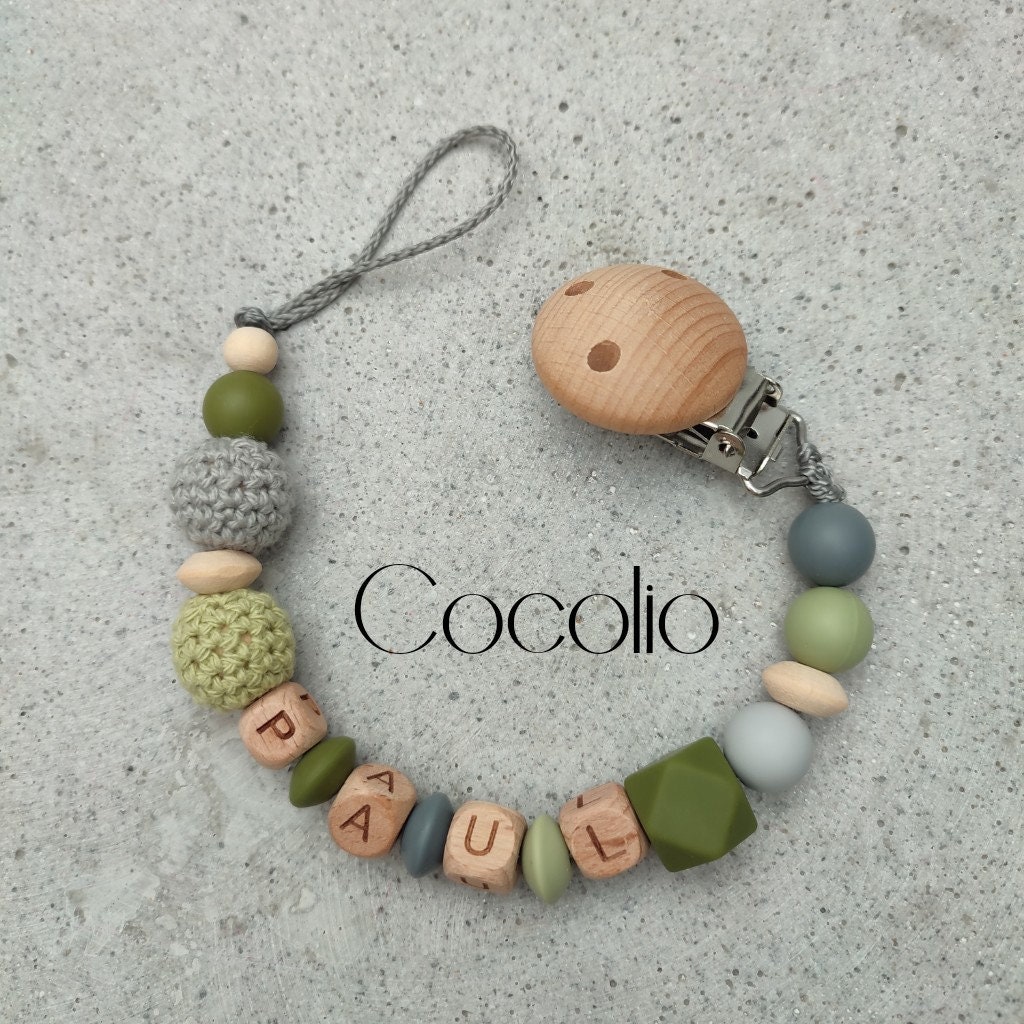 Schnullerkette Grün Grau Personalisiert von CocolioHandmade