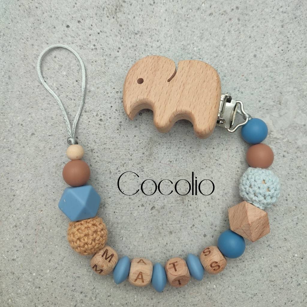 Schnullerkette Personalisiert Blau/Natur/Braun von CocolioHandmade