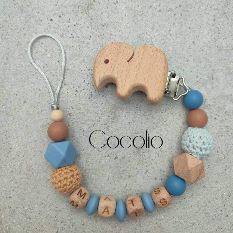 Schnullerkette Personalisiert Blau/Natur/Braun von CocolioHandmade