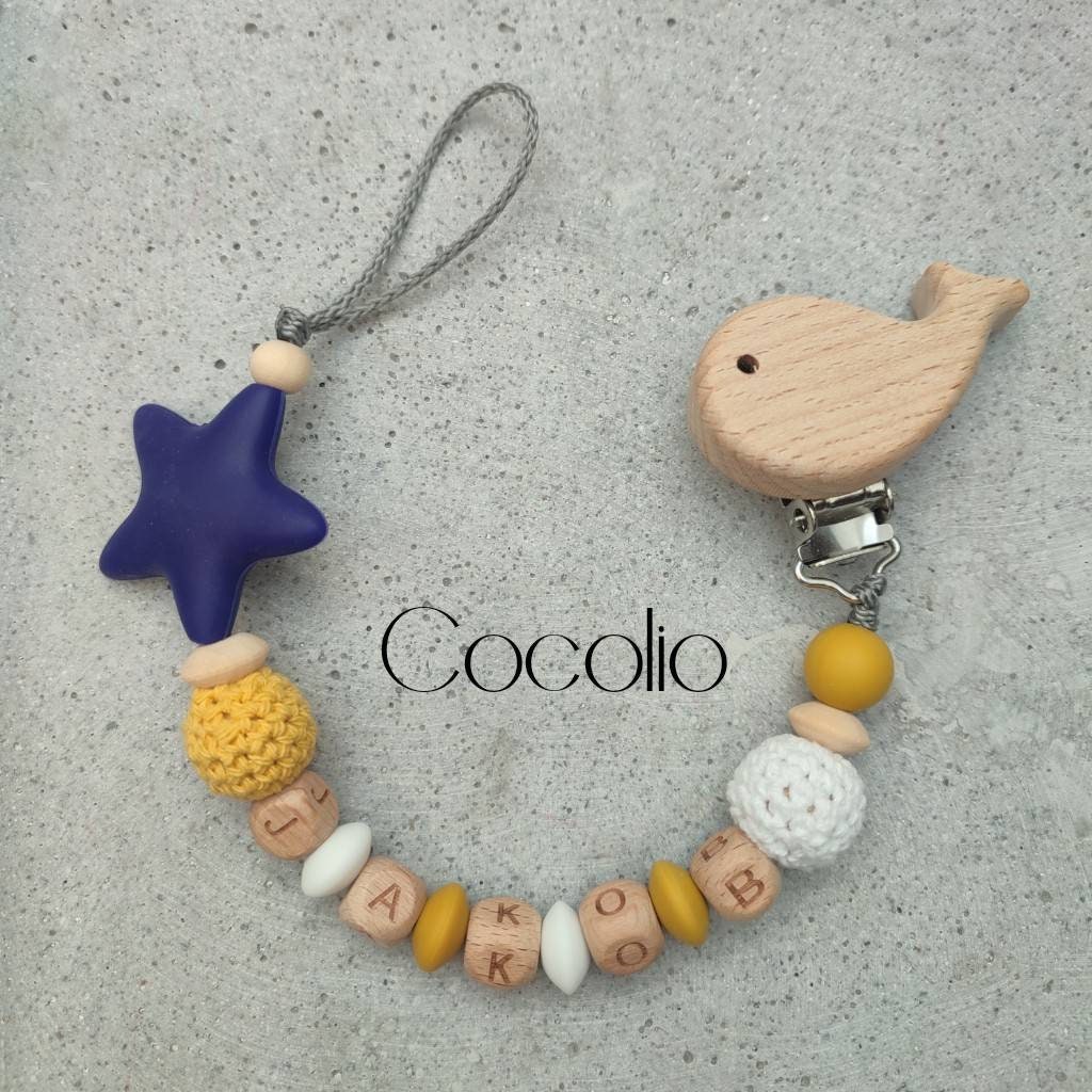 Schnullerkette Personalisiert Blau/Weiß/Senfgelb von CocolioHandmade