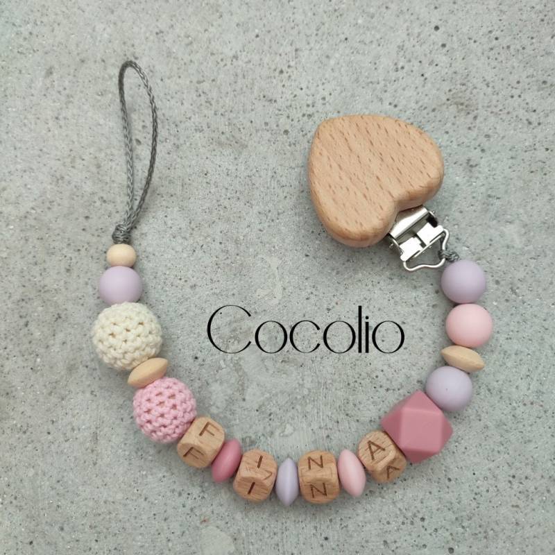 Schnullerkette Personalisiert Rosa-Flieder von CocolioHandmade