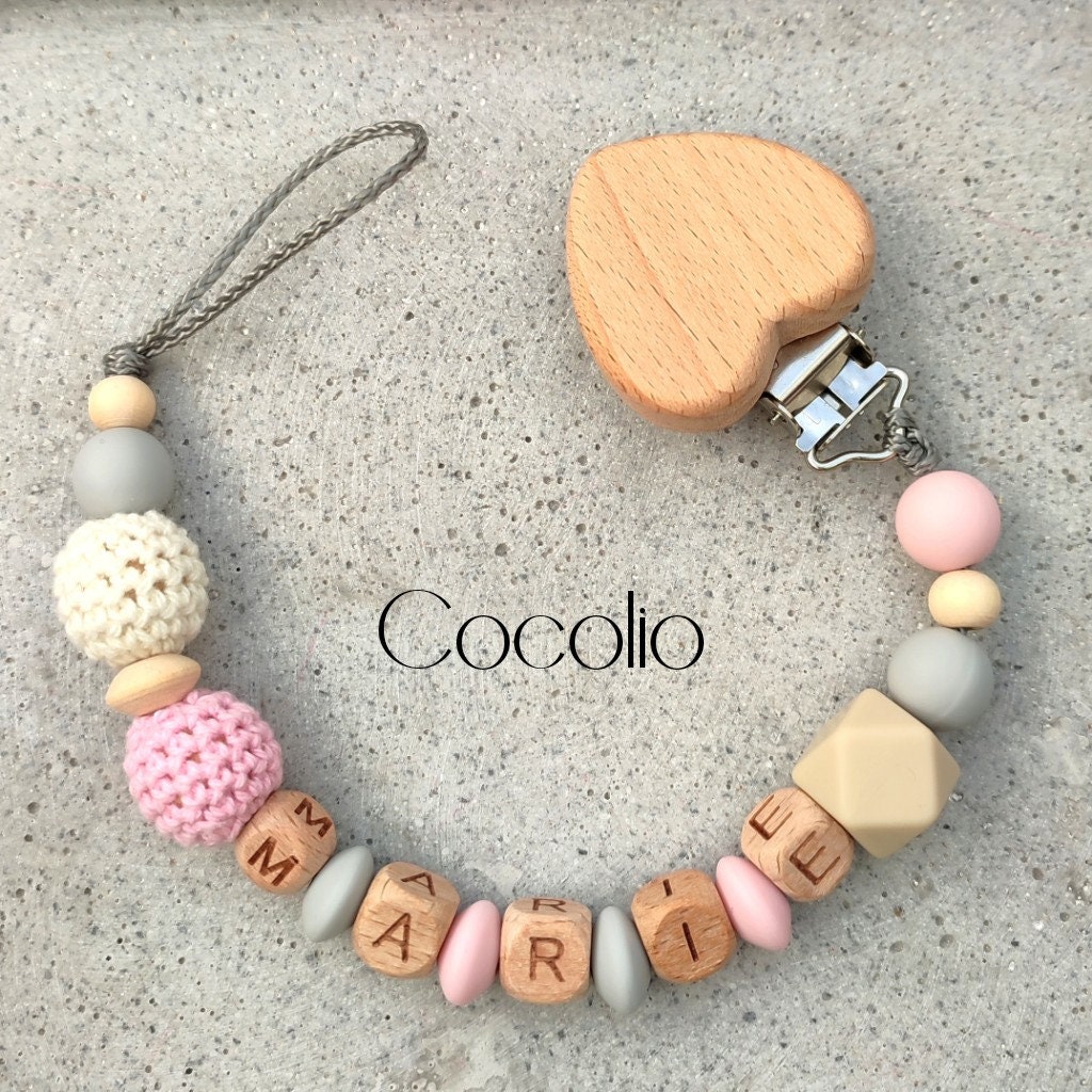 Schnullerkette Personalisiert Rosa-Grau von CocolioHandmade