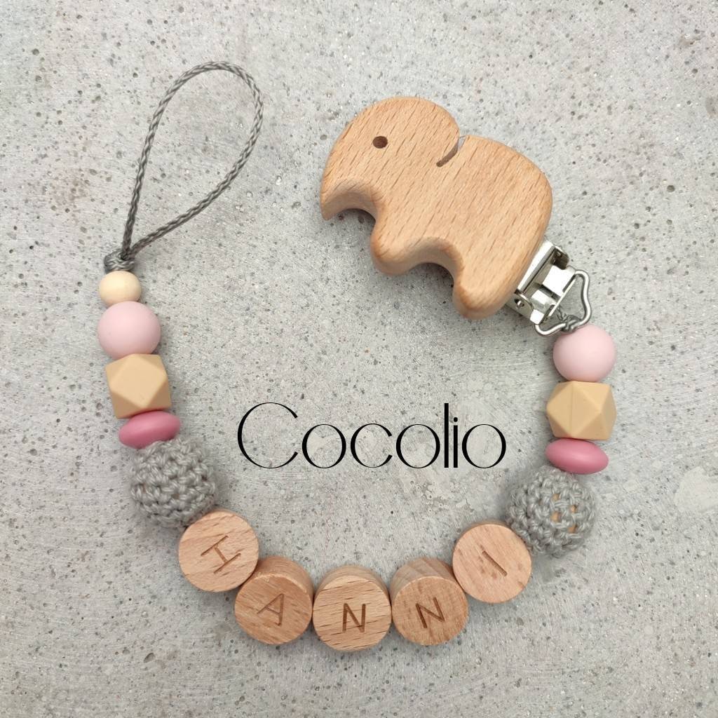 Schnullerkette Personalisiert Rosa Grau von CocolioHandmade