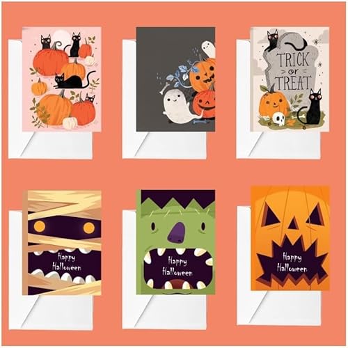 Codulu Blanko-Grußkarten, Multipack, Happy Halloween, Notizkarten, Klappkarten mit Umschlägen, für Halloween, Kinder, Freunde, Familie, Notizkarten, Set, 6 Stück von Codulu