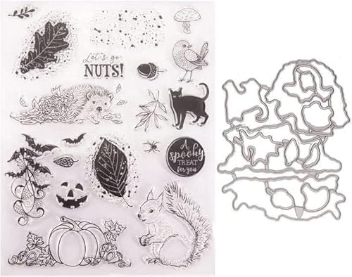 Codulu Eichhörnchen Igel Kürbis Halloween Silikon Stempel mit Stanzformen Stanzschablonen Set DIY für Scrapbooking Kartenherstellung 15 x 21 cm von Codulu