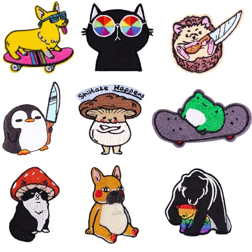 9 StüCk Patches zum Aufbügeln Set Gestickte Aufnäher Cartoon Tiere Aufnäher Bügelflicken Igel Frosch Pinguin Kätzchen Welpe Pilz Bär Patches für DIY Kleidung Jeans T-Shirt von Cohentbliss