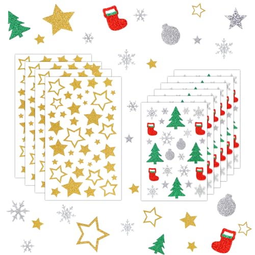 Coicok 394 Stück Weihnachten Glitzer Stickers, Weihnachtsaufkleber, Weihnachtssticker Selbstklebend, Aufkleber Weinachten Weihnachtsbaum Sterne Schneeflocken für Weihnachtliche Bastelarbeiten und Deko von Coicok