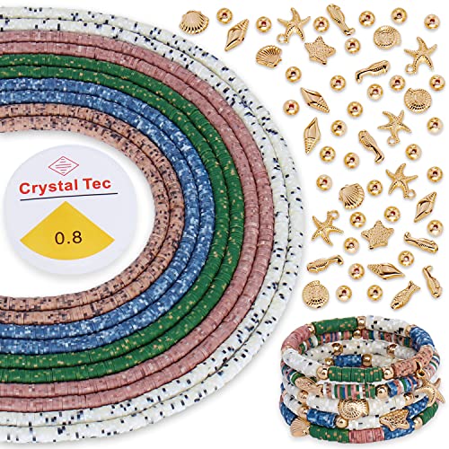 6 mm, 10 Stränge, Ton-Perlen, Vinyl, flach, handgefertigt, Polymer-Ton-Perlen mit Sommer-Meeresleben, Zubehör, Abstandhalter, 1 Rolle, elastische Schnüre für Schmuckherstellung (RT-5 MIXH-7+GP) von Coiris