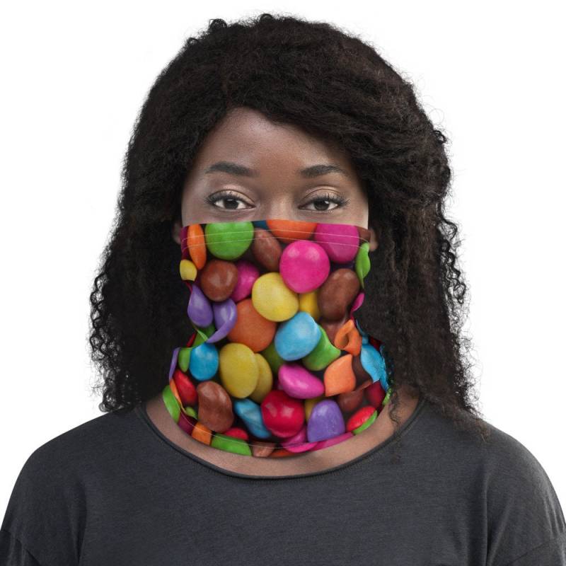 Regenbogen Candy Pieces Maske Bunte Bonbons Hals-Gamasche Neck Gaiter Theme Atmungsaktiv Wiederverwendbare Bites Gesichtsmaske von CoitoCG