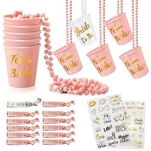 Schnapsgläser mit Kette,JGA Becher zum Umhängen,12 Braut/Team Braut Tassen,12 Bride to be/Team Bride Armbänder, 2 Bride Tattoos,Party Cups für Junggesellenabschied Brautparty Dekoration von Col-Pary