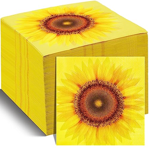 Colarr 100 Stück 2-lagige Sonnenblumen-Dessert-Servietten, gelbe Blumendekoration, Cocktail-Servietten, dekorative Einweg-Papier-Sonnenblumen-Servietten für Geburtstagsparty, Getränke, 16.5x16.5 cm von Colarr