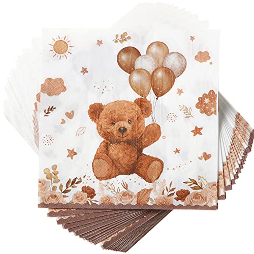 Colarr 100 Stück süße Party-Servietten für Babypartys, Bär, Cocktail-Servietten, Einweg-Papierservietten, Gäste, Abendessen, Handserviette für Jungen, Mädchen, Geschlecht, Enthüllung, Geburtstag, Bär, von Colarr