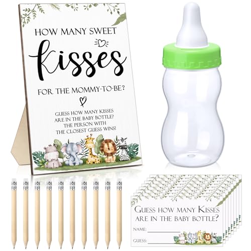 Colarr 122-teiliges Babyparty-Spiel mit Aufschrift "Guess How Many Kisses", 100 Ratekarten, 20 vorgespitzte Bleistifte und 720 ml Babyflasche für Geschlechtsoffenbarung, Partygeschenke (Tier) von Colarr