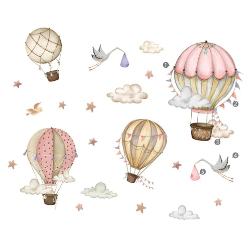 Colcolo 2 Stück Heißluftballon-Wandaufkleber, Sterne, Vögel, Wolken, Wandaufkleber, Cartoon, leicht abziehbar, Wanddekoration für Schlafzimmer, Mädchen und von Colcolo