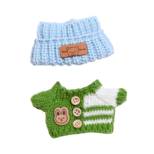 Colcolo 2 Stück Puppenpullover und Hut, Miniaturkleidung, Puppenzubehör, abnehmbare handgefertigte Kleidung für 15–17 cm große Puppen, Mädchenpuppen, Grüner, Blauer Hut von Colcolo