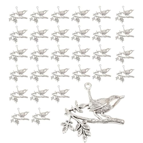 Colcolo 30 Stück Vogel auf AST Charms, Geschnitzte DIY-Zubehör, Anhänger, Schmuckherstellung, Zubehör für Schlüsselanhänger, Armbänder, Halsketten, Silber von Colcolo