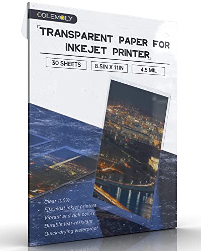 Transparenzblätter Transparentes Papier 30 Blatt Inkjet Transparenz Film Tintenstrahldrucker (100% klar) Acetatblätter Klares Papier 8,5x11 Zoll zum Basteln, Premiumdruck von Colemoly