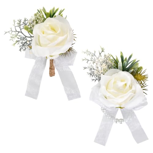 2 Stück Künstliche Corsage Hochzeit Handgelenk Blumen Set,Hochzeitsarmband mit Floralen Details und Perlen, Rosenarmband, Rosencorsage Handgelenkblume,für Hochzeiten, Abschlussbälle, Brautpartys von Colexy