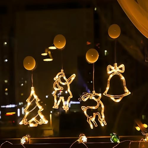 4 Stück Weihnachtsdeko Fensterlichter, 10 LED Lichtervorhang Warmweiß - Weihnachtshirsch Weihnachtsmann Weihnachtsbaum Und Glocke - Lichterkette mit Saugnäpfe für Innen & Außen Weihnachten Party von Colexy