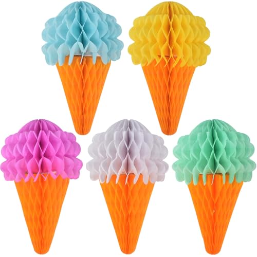 5 Stück Eiscreme Wabenbälle Dekoration Bunt Papier Blumen Tischdekoration Wabenstrauß Aufhängbar Hängende Ornamente, Party Dekorationen für Hochzeit Babyparty Deko Abschlussball Geburtstag Gartenparty von Colexy