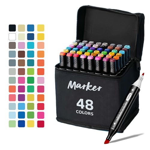 Alkohol Marker, 48 Farben Doppelseitiges Alkohol Marker Stifte Set mit Tragetasche, Graphic Marker Stifte für Kinder & Erwachsene, Kunst Marker Alkohol Stifte für Zeichnen, Illustration, Skizzieren von Colexy