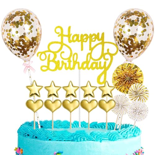 Torten Deko,17 Pcs Geburtstag Deko,Cake Topper Happy Birthday,Kuchen Deko Geburtstag,Sterne Cake Topper,Alles Gute zum Geburtstag,Tortendeko Deko Geburtstag, für Mädchen Jungen Frauen Mann (Gold) von Colexy