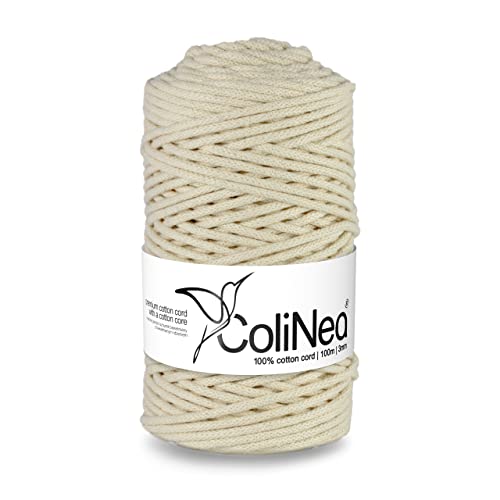 ColiNea Baumwollkordel mit Baumwollkern 3 mm 100m Baumwollgarn DIY Makramee Stricken Cotton Cord Elfenbein ideal für Makramee Handwerk Baumwollseil für Basteln von ColiNea