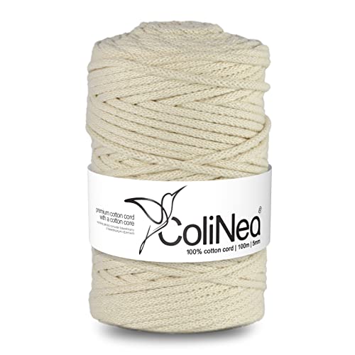 ColiNea Baumwollkordel mit Baumwollkern 5 mm 100m Baumwollgarn DIY Makramee Stricken Cotton Cord Elfenbein ideal für Makramee Handwerk Baumwollseil für Basteln von ColiNea