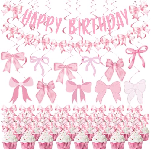 Colingmill 41 Stück kokette Geburtstagsdekorationen inklusive 2 Stück rosa Schleife Geburtstag Banner Girlande 15 Stück rosa Schleife Party hängende Wirbel 24 Stück Schleife Cupcake Topper für von Colingmill