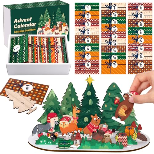 Colingmill Adventskalender aus Holz, Weihnachts-Countdown-Geschenk-Set mit 25 Geschenkumschlägen für Tisch, Fenster, Dekor, Regale, Tischdekoration, Dekoration (Waldtiere) von Colingmill