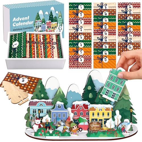 Colingmill Adventskalender aus Holz, Weihnachts-Countdown-Geschenk-Set mit 25 Geschenkumschlägen für Tisch Fenster Dekor Regale Tisch Mittelstücke Dekoration (Weihnachtsdorf) von Colingmill