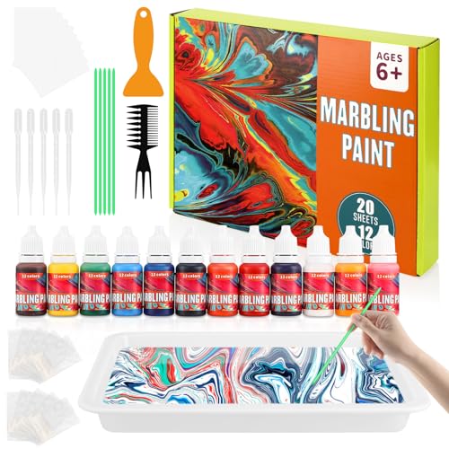 Collazoey Wassermarmorierungsfarbe für Kinder, 12 Farben Marmorierfarbe Kunst Set, Kreatives Geschenk, Wassermarmorierfarbe Marbling Paint Kunsthandwerk für Mädchen & Jungen ab 3 Jahren von Collazoey