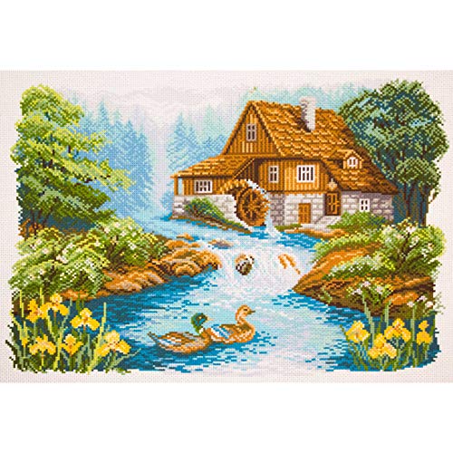 Collection D'Art Wassermühle Bedrucktes Aida für Kreuzstickerei, Baumwolle, Mehrfarbig, 29x40cm von Collection D'Art