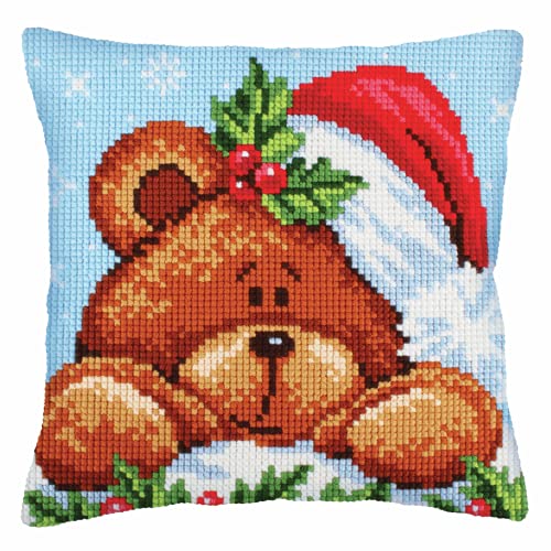 Collection d'Art 5240 Weihnachten mit einem Teddybär Kreuzstichkissen, Baumwolle, Mehrfarbig, 40x40cm von Collection D'Art