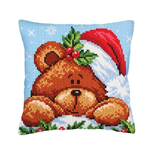 Collection d'Art 5240 Weihnachten mit einem Teddybär Kreuzstichkissen, Baumwolle, Mehrfarbig, 40x40cm von Collection D'Art