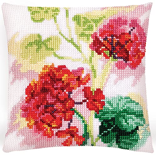 Collection d'Art 5418 Rote Geranie Stickkissen Kreuzstich-Set, Baumwolle, Mehrfarbig, 40x40cm von Collection D'Art