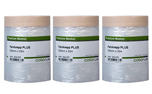 Colorus 3 x Masker Tape PLUS Feinkrepp 55 cm x 33 m (99m) | Maler Abdeckfolie mit Malerkrepp Folienklebeband | Abdeckfolie Maler | Klebeband mit Folie | Abdeckfolie mit Krepp von Colorus