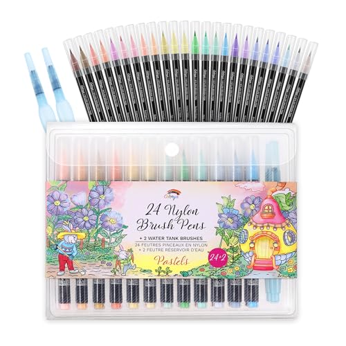 Colorya Brush Pen Set Pastel - 24er Pinselstifte Set Nylonspitze + 2 Wassertankpinsel und Tragetasche, Perfekt für Malbücher für Erwachsene, als Handlettering Stifte für Kalligraphie von Colorya