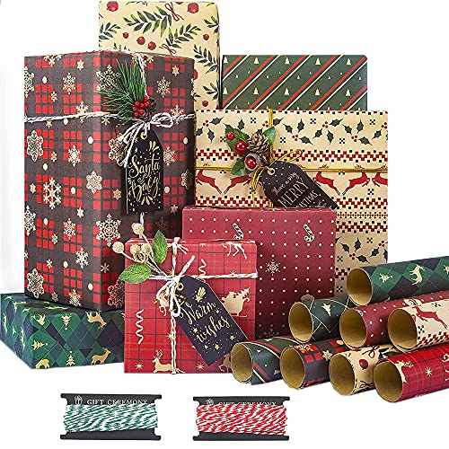 8 Blatt Geschenkpapier Weihnachten, 70x50cm Weihnachten Geschenkpapier Set, Geschenkverpackung Papier, 8 Muster, Recycling, mit 2 Rollen 5m Seil, für Weihnachtsfeier, Geschenkverpackungen von Colrid