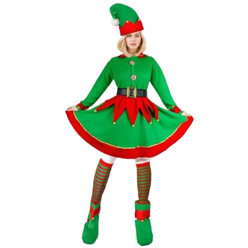 Elf -Kostüm für Frauen, 1 Set Alpaka -Woll -Elfenkleid mit Elfenhut, Strümpfe, Gürtel & Stiefel, Elf Kostüm für Weihnacht Cosplay (M) von Comebachome